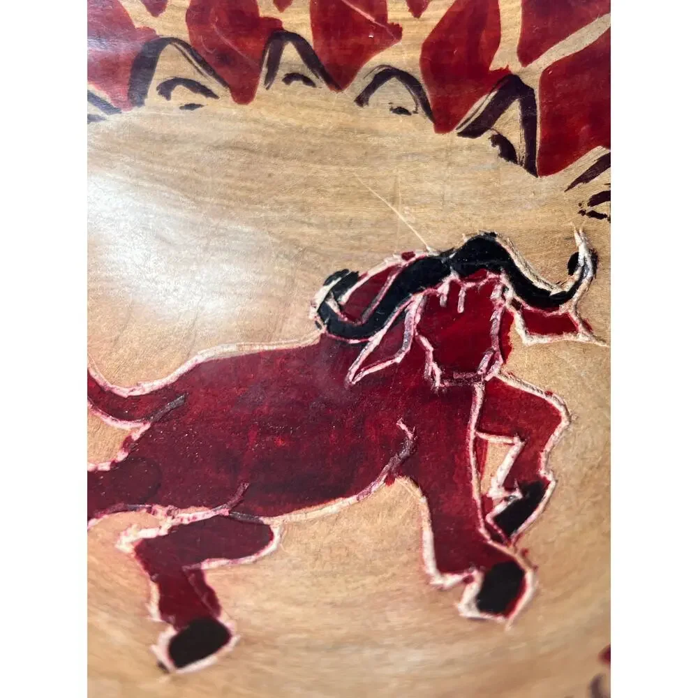 VTG Hand Carved Wooden Bowl‎ Charging Bull Folk Art Rustic Western Ranch Decor